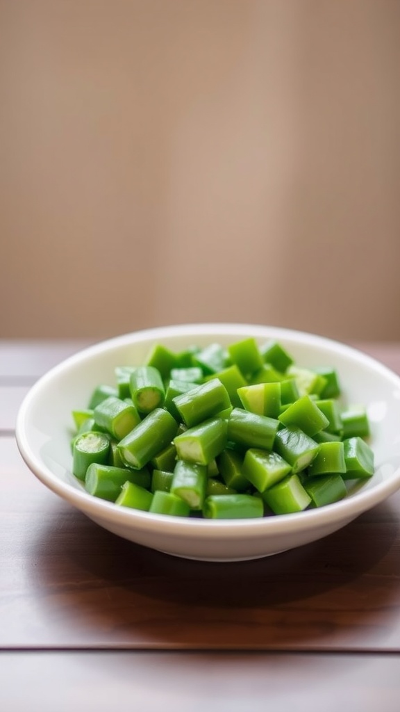 Steamed green beans in a bowl, cut into small pieces for baby.